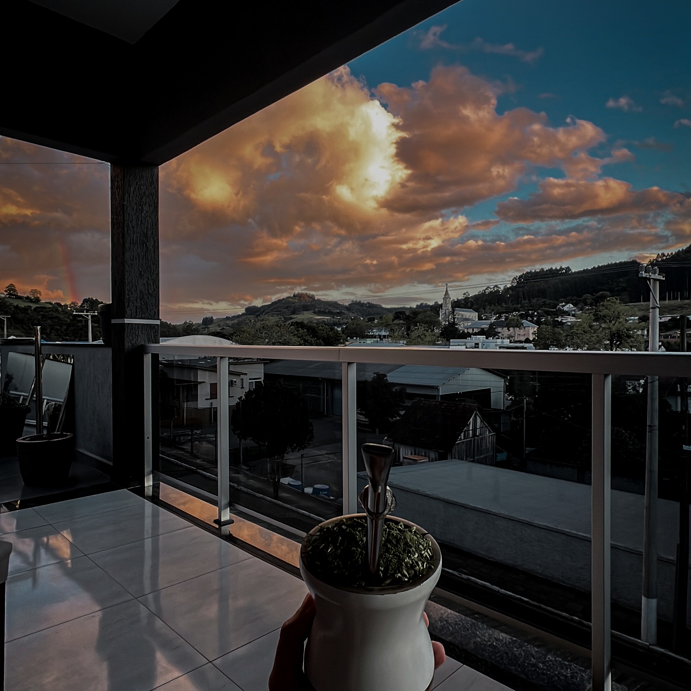 Fim de tarde com vista para a cidade e um vaso em primeiro plano